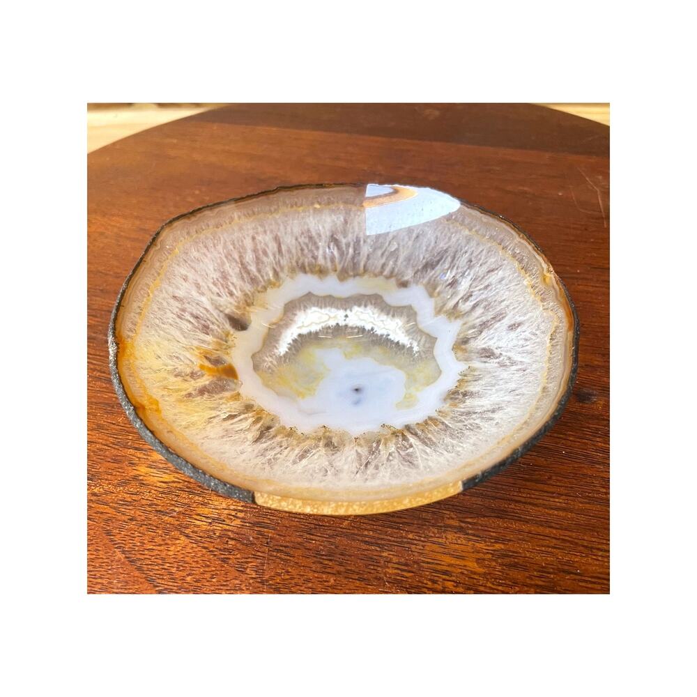 Polished Agate Slice Dish Bowl Natural Stone Banded Chalcedony 4.5 Inch